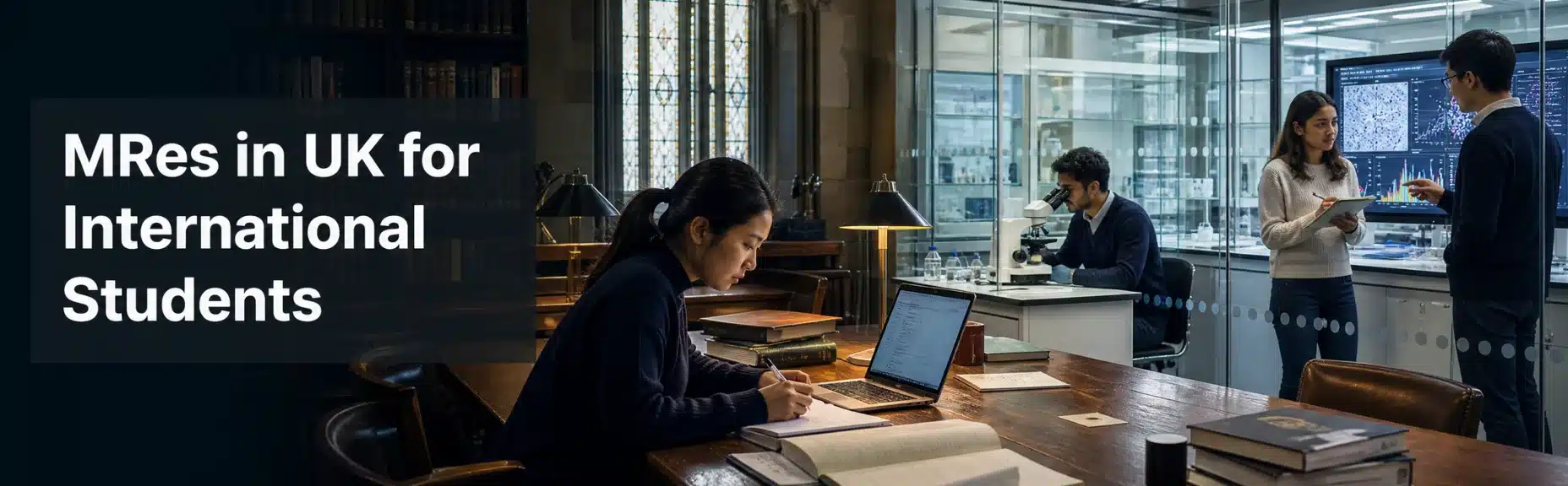 International postgraduate students conducting research in a UK university library and laboratory, with the headline “MRes in UK for International Students.”