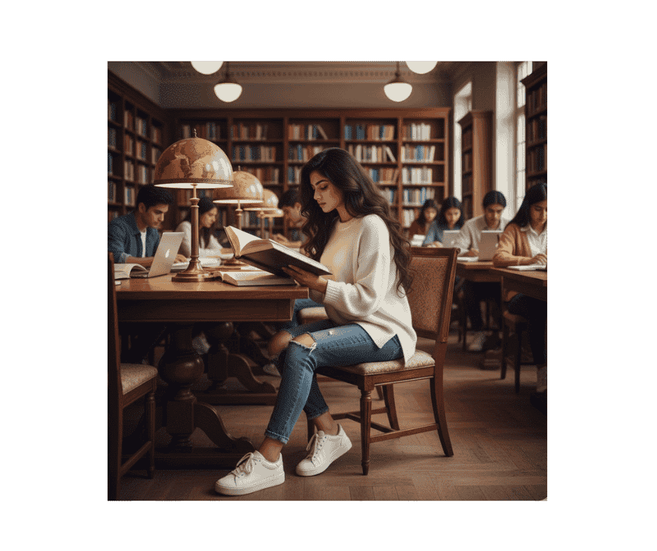 A girl Seating in Library reading books