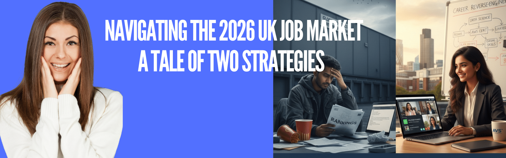 Split-screen showing two Indian students: Arjun struggling with university rankings and Riya successfully finding jobs after study in U