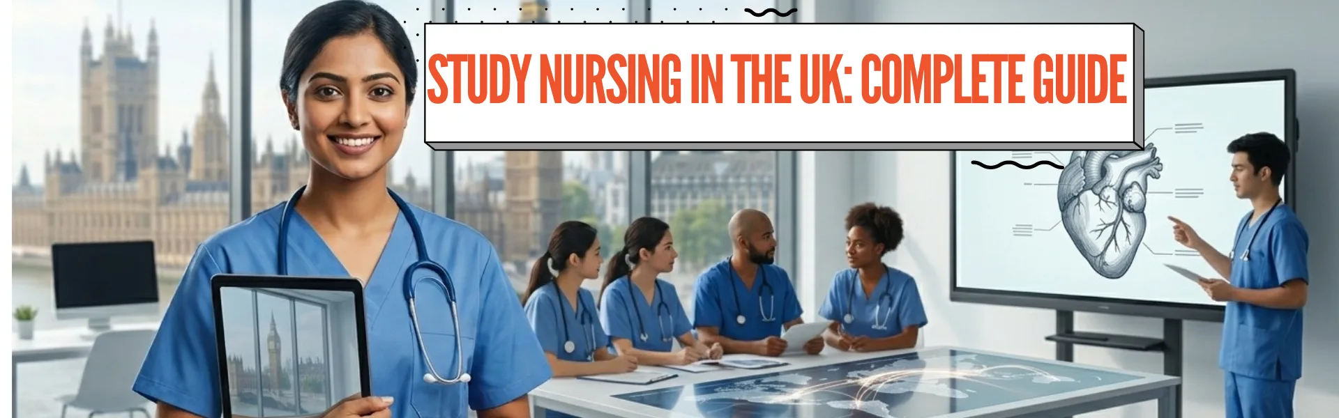 Smiling female nurse in blue scrubs holding tablet with London skyline view, including Big Ben, and student nurses studying anatomy in modern simulation lab for UK nursing application.
