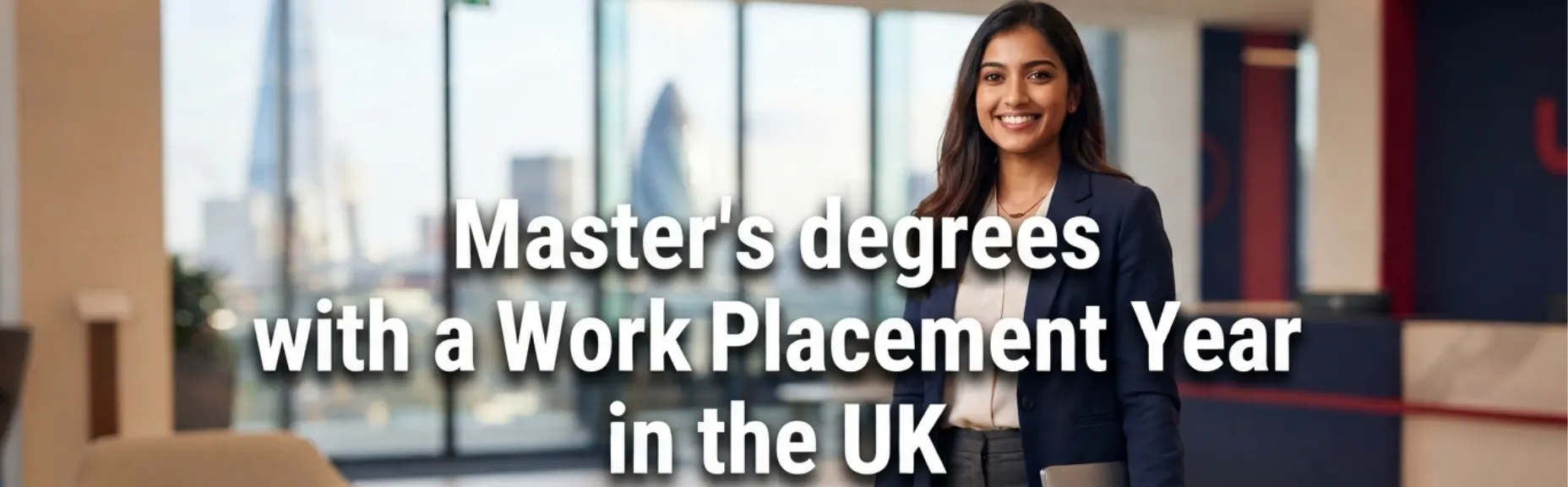 Professional international student holding a laptop in a modern London office, representing Master's degrees with a work placement year in the UK