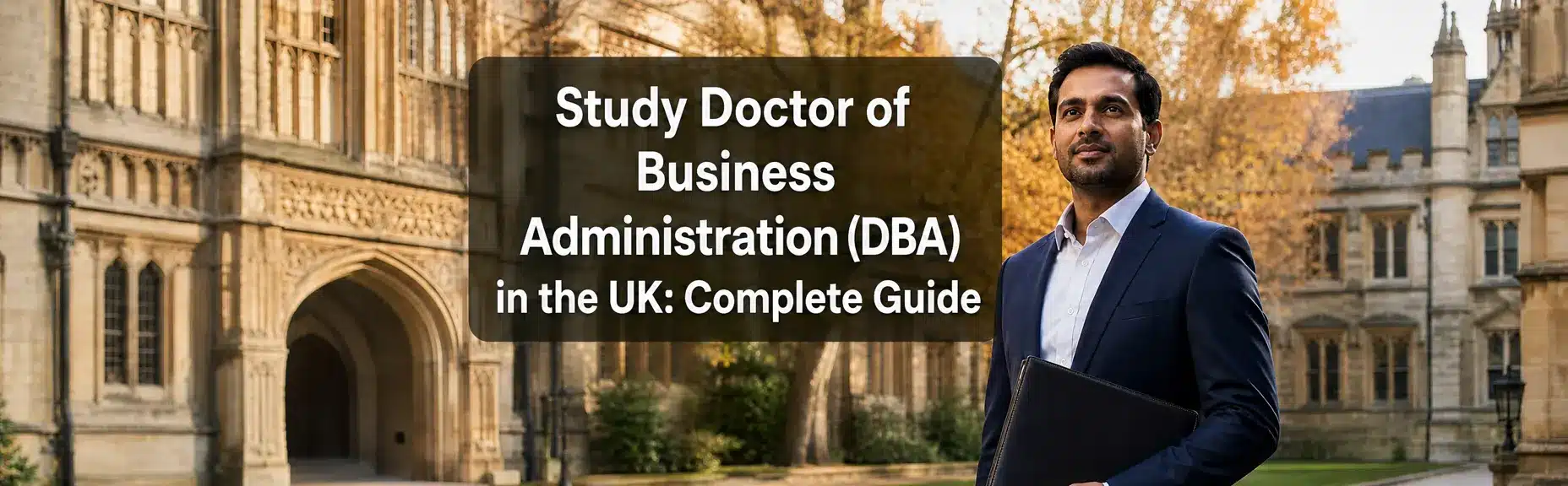 South Asian male executive in a navy suit holding a leather portfolio in a historic UK university courtyard, with the headline “Study Doctor of Business Administration (DBA) in the UK: Complete Guide.”